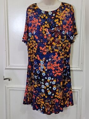 Anthropologie Orange/Blue/Yellow/Multi-Color Ditsy Floral Dress,Size 14